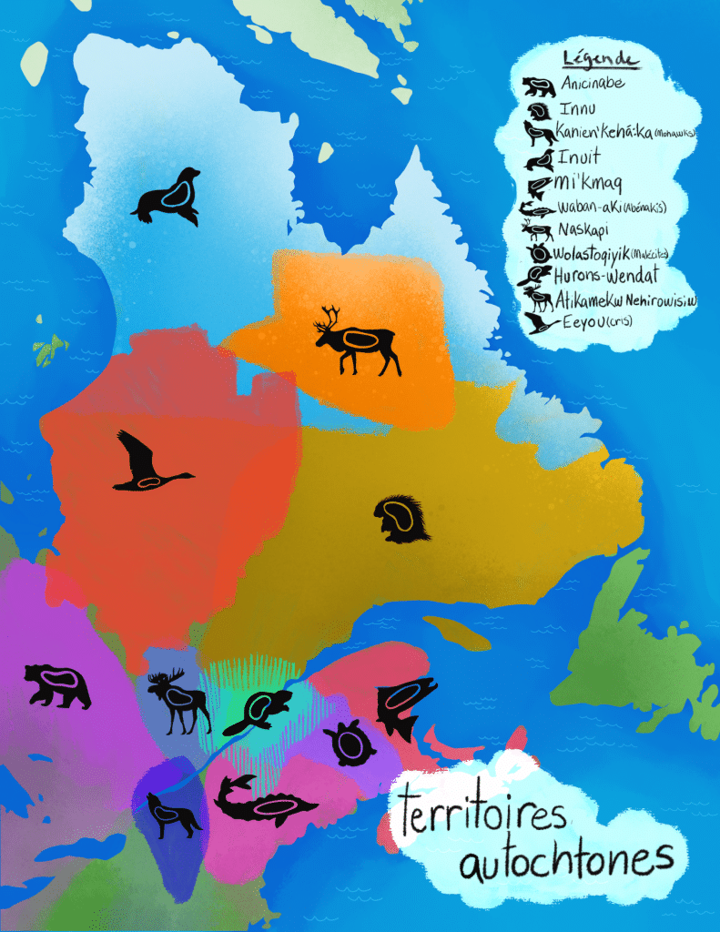 Cette illustration est une représentation artistique visant à donner un aperçu de la présence autochtone sur le territoire québécois. Elle ne peut prétendre à l’exactitude. Certains des territoires représentés sont actuellement contestés, en particulier celui de la nation huronne-wendat. Sources : – Native Land Digital native-land.ca – Nation huronne-wendat, bureau du Nionwentsïo bit.ly/nionwentsio Illustration : © (Fabienne Théoret Jerome) DEUX MILLE VINGT UN (2021)