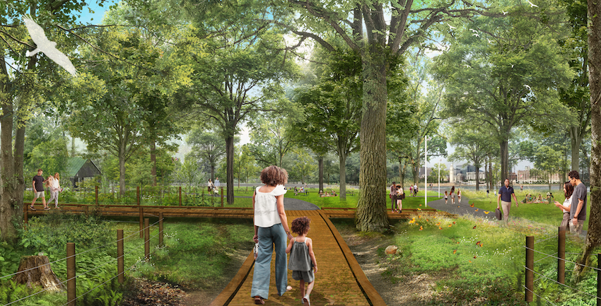 Boisé de la Plaine des jeux, parc Jean-Drapeau, Montréal, Réal Paul Architecte et NIPPAYSAGE Illustration : Réal Paul Architecte et NIPPAYSAGE