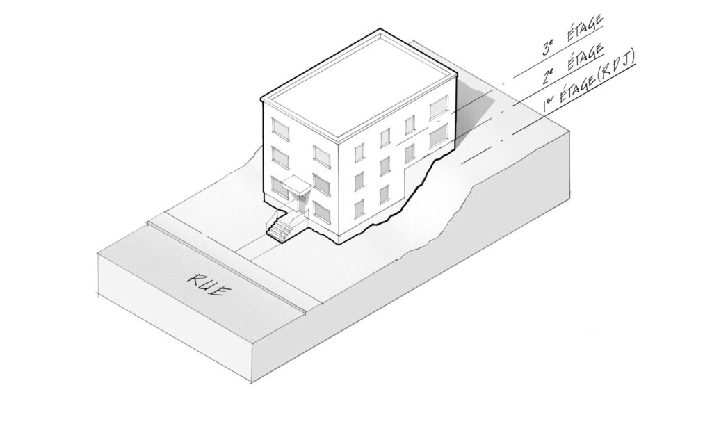 Le rez-de-jardin est un étage si son côté dégagé est situé sur la façade qui donne sur la rue permettant l’accès au matériel de lutte contre l’incendie (généralement la façade avant).